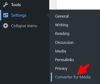 Converter for Media plugin in the WordPress dashboard